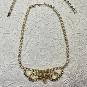Vtg Citrine and Clear AB Rhinestone Festoon Gold Tone Necklace & Bracelet Set